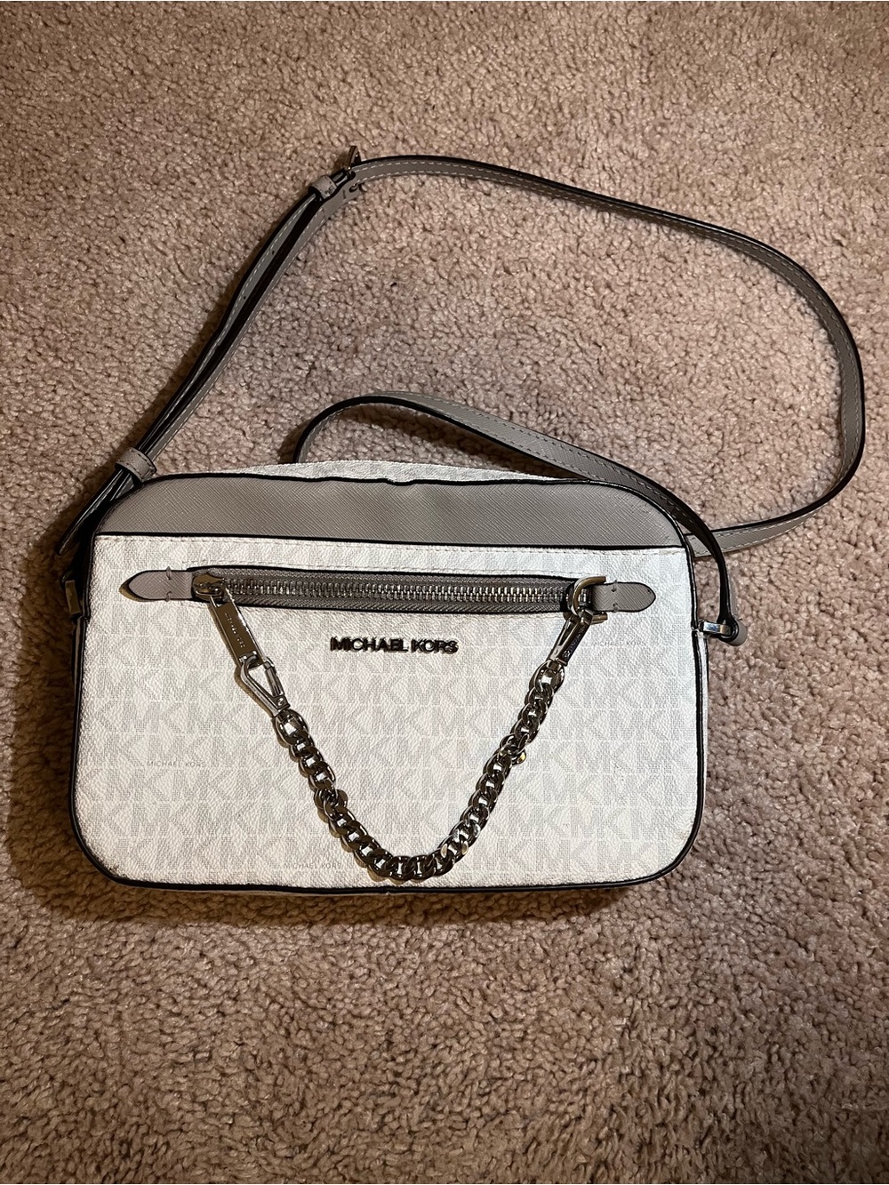 Michael Kors White and Gray Logo Crossbody with Chain Detail